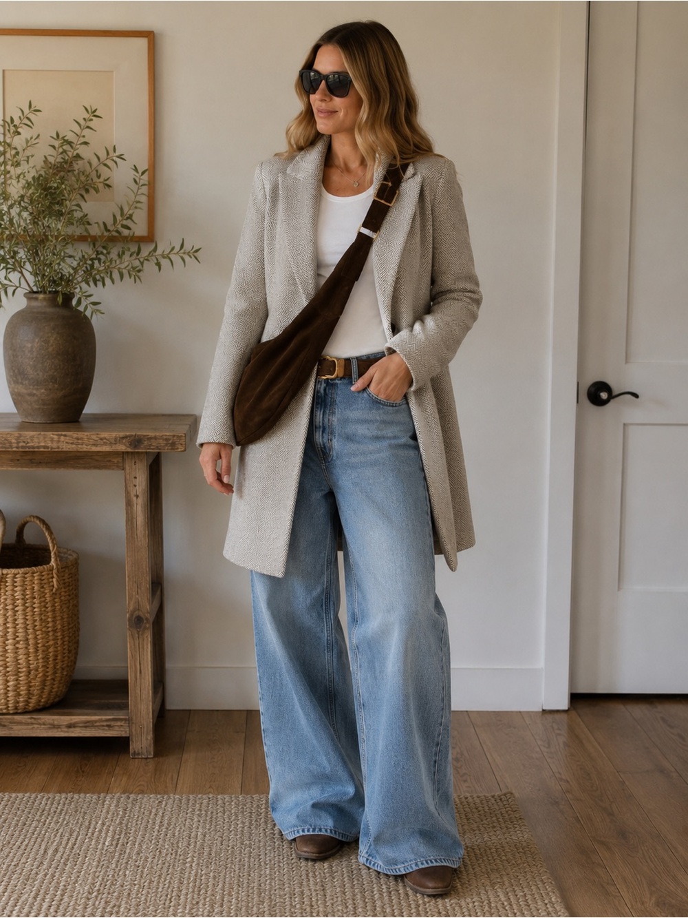 Carly Jean Los Angeles Herringbone Coat Medium Beige Gray Longline Blazer